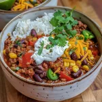 ['Close-up of a vibrant skillet chipotle beef chili bowl with creamy lime-cilantro sauce.', 'Side view of a hearty chili bowl topped with sour cream and fresh cilantro.', 'Juicy beef chili served in a bowl, garnished with lime and cilantro crema.', 'Delicious Skillet Chipotle Beef Chili with lime-cilantro toppings on a rustic table.']