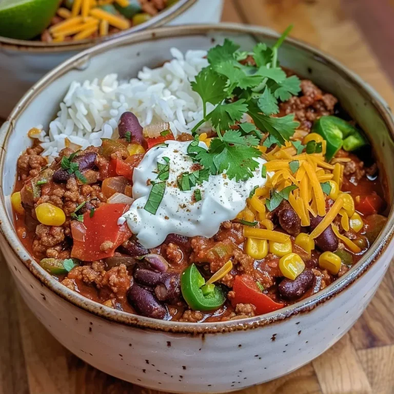 ['Close-up of a vibrant skillet chipotle beef chili bowl with creamy lime-cilantro sauce.', 'Side view of a hearty chili bowl topped with sour cream and fresh cilantro.', 'Juicy beef chili served in a bowl, garnished with lime and cilantro crema.', 'Delicious Skillet Chipotle Beef Chili with lime-cilantro toppings on a rustic table.']