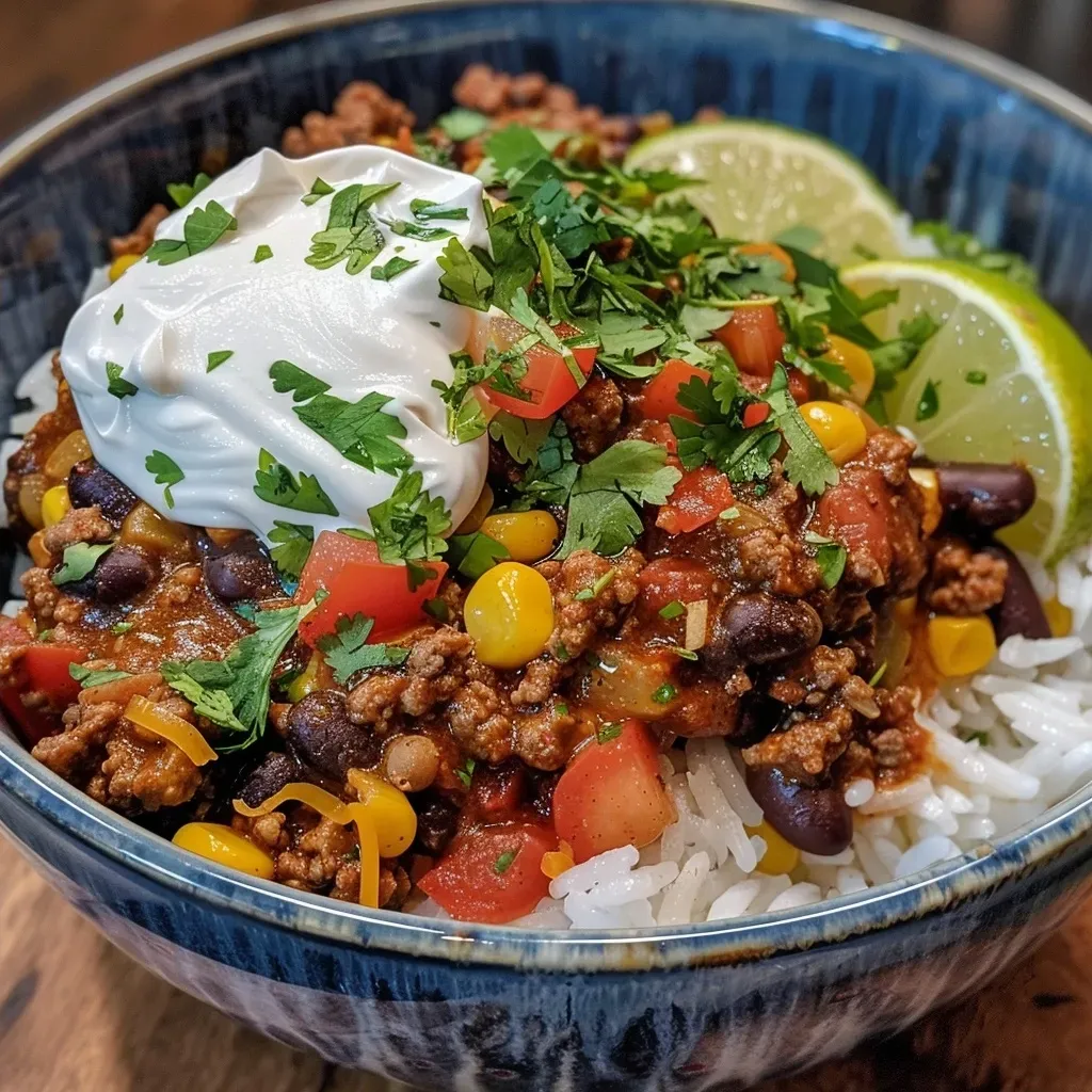 ['Close-up of a vibrant skillet chipotle beef chili bowl with creamy lime-cilantro sauce.', 'Side view of a hearty chili bowl topped with sour cream and fresh cilantro.', 'Juicy beef chili served in a bowl, garnished with lime and cilantro crema.', 'Delicious Skillet Chipotle Beef Chili with lime-cilantro toppings on a rustic table.']