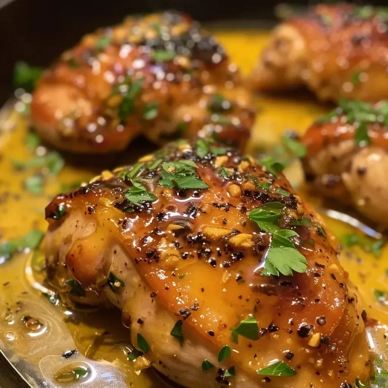 ['Juicy Skillet Honey Mustard Chicken resting in a cast iron skillet, garnished with herbs.', 'Close-up view of cooked chicken breasts coated in honey mustard glaze, with a side of herbs.', 'Side perspective of succulent chicken in a skillet, showcasing the glossy honey mustard sauce.', 'Detailed shot of Skillet Honey Mustard Chicken, highlighting its golden-brown color and juicy texture.']