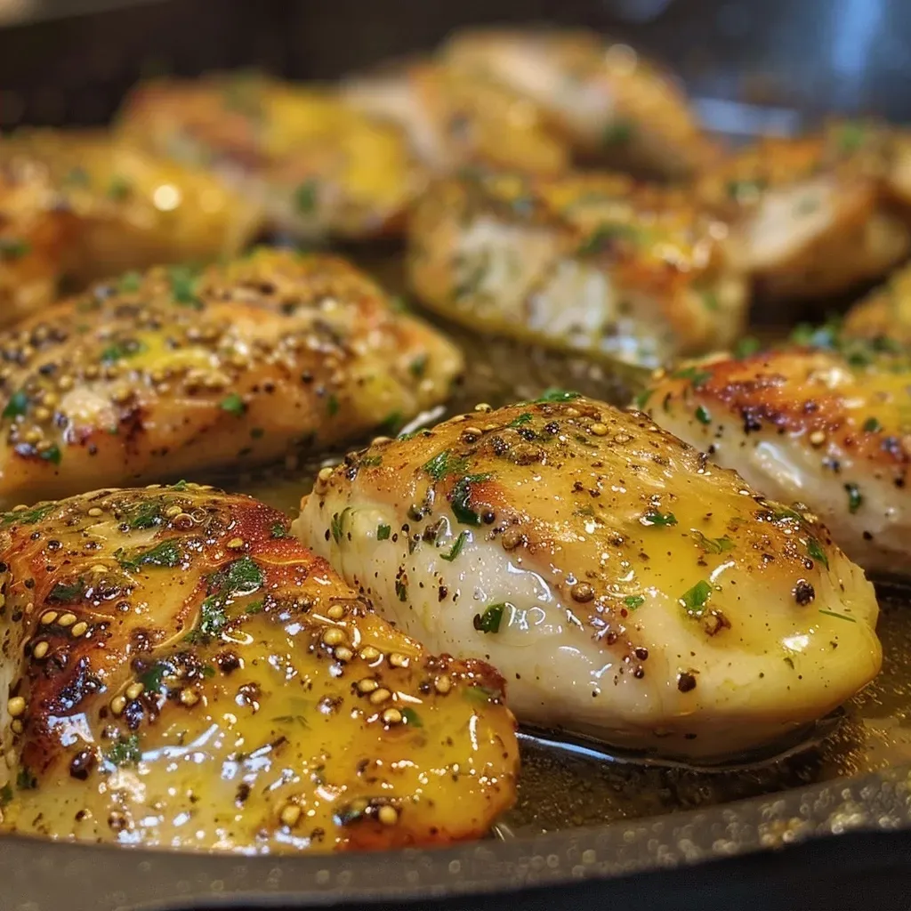 Juicy Skillet Honey Mustard Chicken resting in a cast iron skillet, garnished with herbs.