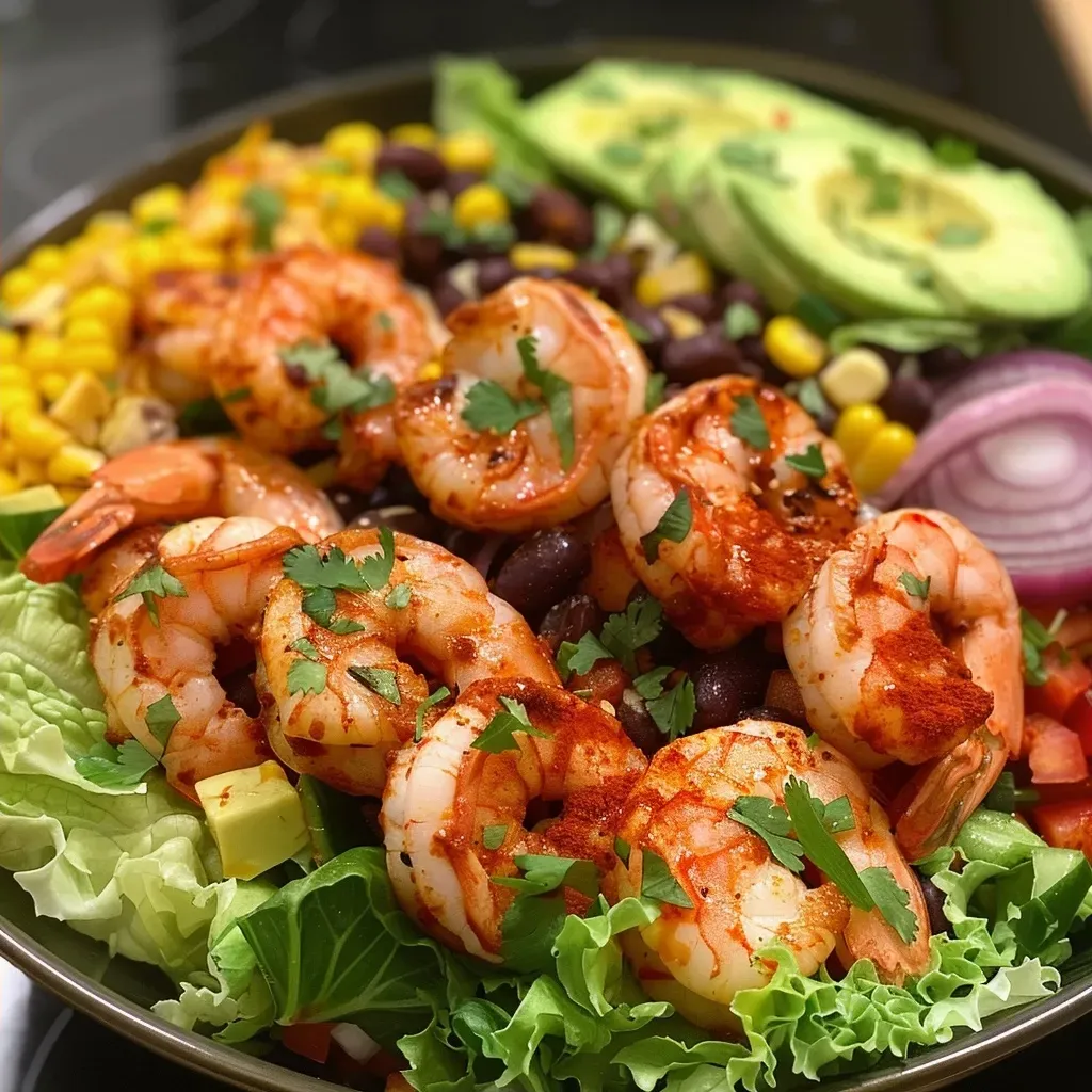 Close-up view of a Southwest Salad with shrimp, featuring vibrant ingredients.