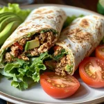 ['Close-up side view of a Spicy Chipotle Avocado Turkey Wrap with visible layers of ingredients.', 'An appetizing Spicy Chipotle Avocado Turkey Wrap, showcasing ground turkey, avocado, and fresh vegetables.', 'A deliciously wrapped Spicy Chipotle Avocado Turkey Wrap, highlighting the vibrant colors of the ingredients.', 'Side angle view of a juicy Spicy Chipotle Avocado Turkey Wrap, revealing its fresh contents.']