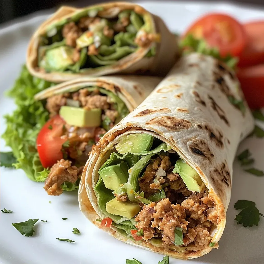 ['Close-up side view of a Spicy Chipotle Avocado Turkey Wrap with visible layers of ingredients.', 'An appetizing Spicy Chipotle Avocado Turkey Wrap, showcasing ground turkey, avocado, and fresh vegetables.', 'A deliciously wrapped Spicy Chipotle Avocado Turkey Wrap, highlighting the vibrant colors of the ingredients.', 'Side angle view of a juicy Spicy Chipotle Avocado Turkey Wrap, revealing its fresh contents.']