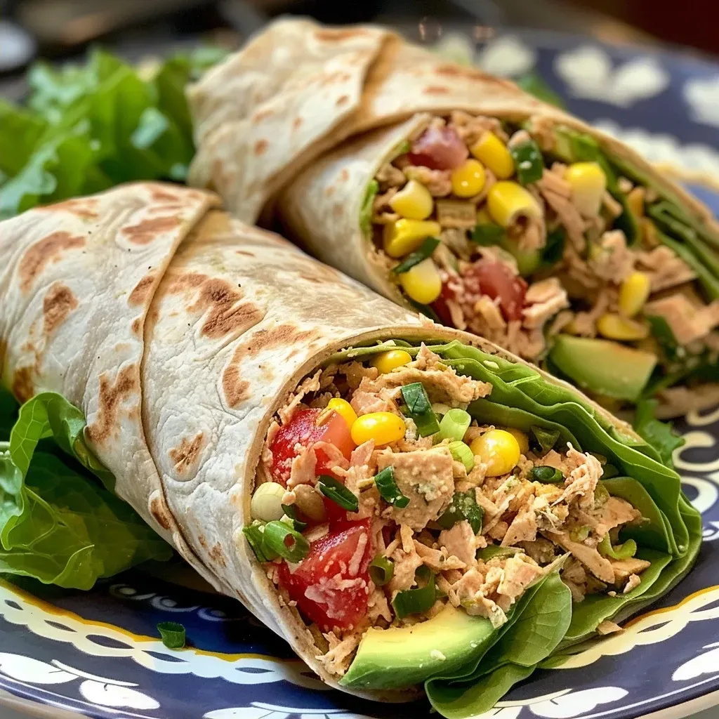 Close-up side view of a spicy tuna wrap with fresh ingredients.