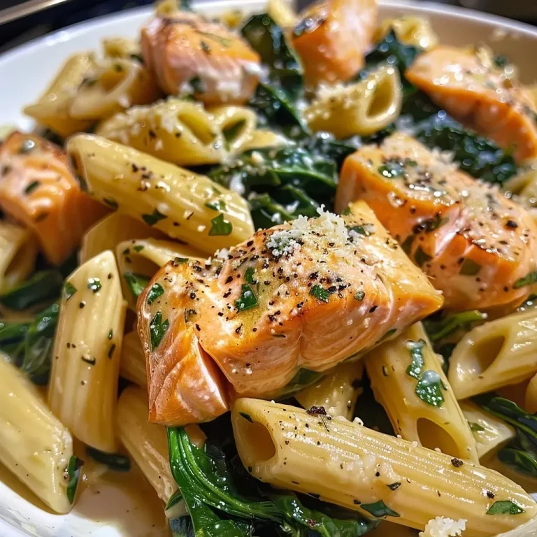 ['Close-up view of a creamy spinach salmon pasta dish, showcasing vibrant greens and pink salmon.', 'Side view of a plate of spinach salmon pasta, with a rich sauce and sprinkled Parmesan cheese on top.', 'Juicy salmon fillets mixed with pasta and fresh spinach in a creamy sauce, arranged artistically.', 'Delicious spinach salmon pasta served in a bowl, highlighting its creamy texture and colorful ingredients.']