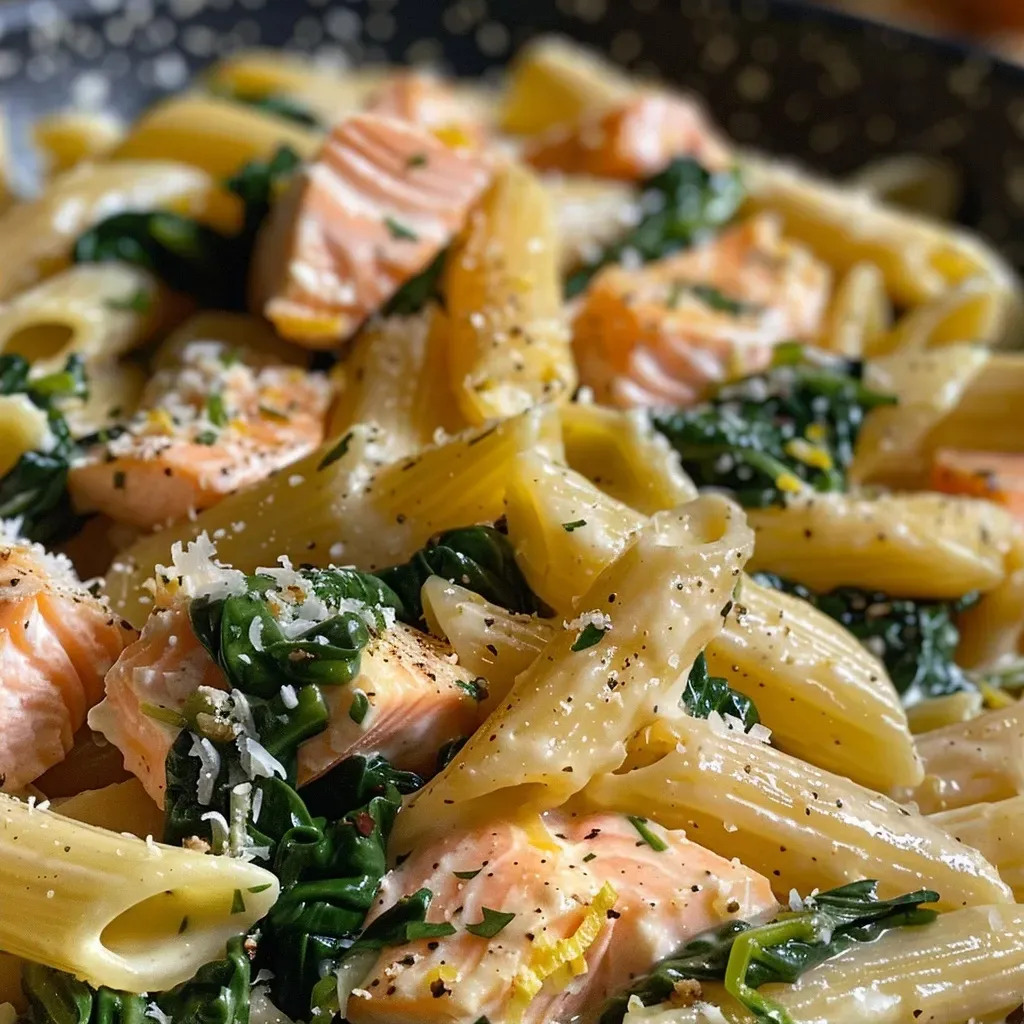 Close-up view of a creamy spinach salmon pasta dish, showcasing vibrant greens and pink salmon.