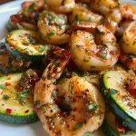 ['Close-up view of a skillet filled with sun-dried tomato pesto shrimp and zucchini.', 'Juicy shrimp and sliced zucchini in a vibrant sun-dried tomato pesto sauce.', 'Side view of shrimp cooked in sun-dried tomato pesto, garnished with fresh basil.', 'Colorful mix of shrimp and zucchini in a skillet, showcasing rich pesto flavor.']