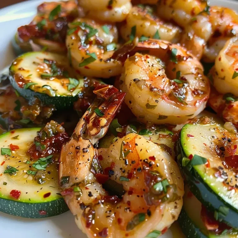 ['Close-up view of a skillet filled with sun-dried tomato pesto shrimp and zucchini.', 'Juicy shrimp and sliced zucchini in a vibrant sun-dried tomato pesto sauce.', 'Side view of shrimp cooked in sun-dried tomato pesto, garnished with fresh basil.', 'Colorful mix of shrimp and zucchini in a skillet, showcasing rich pesto flavor.']