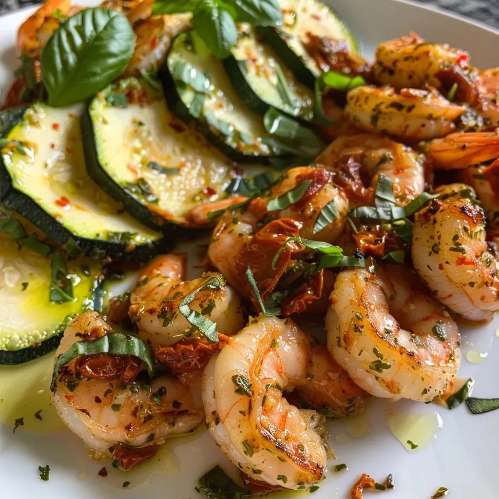 Close-up view of a skillet filled with sun-dried tomato pesto shrimp and zucchini.