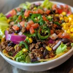 ['A close-up view of a vibrant taco salad bowl with various toppings.', 'A side view of a colorful taco salad bowl featuring layers of ingredients.', 'An iPhone photo showcasing a taco salad bowl filled with fresh toppings.', 'A detailed shot of a taco salad bowl highlighting ground beef and vegetables.']