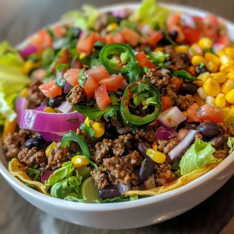 ['A close-up view of a vibrant taco salad bowl with various toppings.', 'A side view of a colorful taco salad bowl featuring layers of ingredients.', 'An iPhone photo showcasing a taco salad bowl filled with fresh toppings.', 'A detailed shot of a taco salad bowl highlighting ground beef and vegetables.']