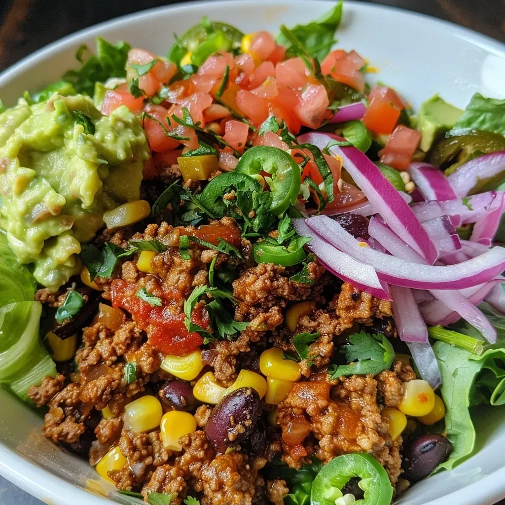 ['A close-up view of a vibrant taco salad bowl with various toppings.', 'A side view of a colorful taco salad bowl featuring layers of ingredients.', 'An iPhone photo showcasing a taco salad bowl filled with fresh toppings.', 'A detailed shot of a taco salad bowl highlighting ground beef and vegetables.']