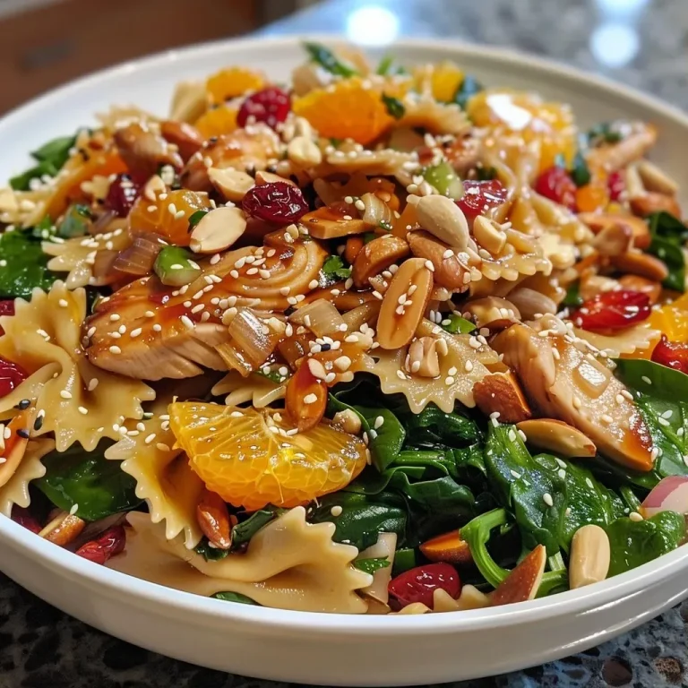 ['Close-up view of a vibrant Teriyaki Chicken Pasta Salad with colorful ingredients.', 'Side angle of a delicious pasta salad featuring teriyaki chicken, vegetables, and nuts.', 'Juicy Teriyaki Chicken Pasta Salad showcasing bright mandarin oranges and crunchy peanuts.', 'Detailed shot of salad mixed with bowtie pasta, spinach, and teriyaki chicken.']