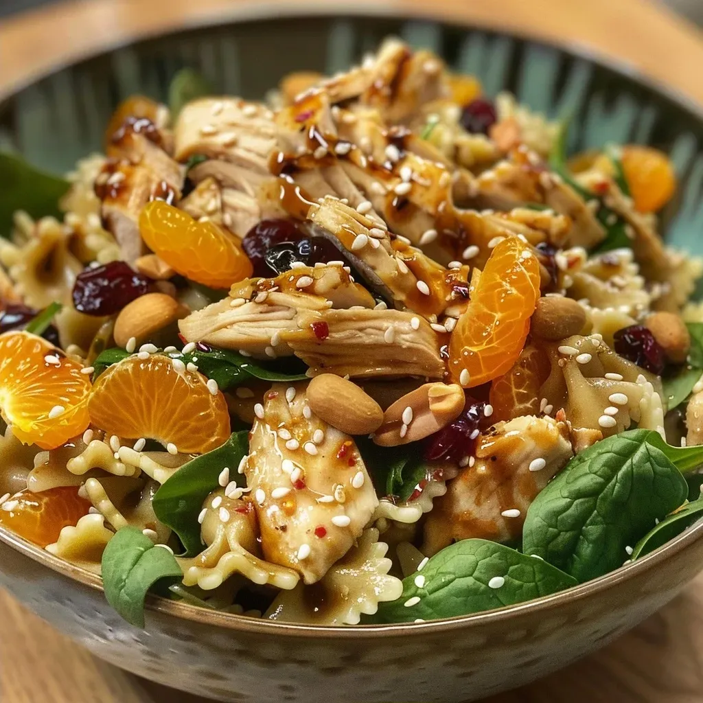 ['Close-up view of a vibrant Teriyaki Chicken Pasta Salad with colorful ingredients.', 'Side angle of a delicious pasta salad featuring teriyaki chicken, vegetables, and nuts.', 'Juicy Teriyaki Chicken Pasta Salad showcasing bright mandarin oranges and crunchy peanuts.', 'Detailed shot of salad mixed with bowtie pasta, spinach, and teriyaki chicken.']
