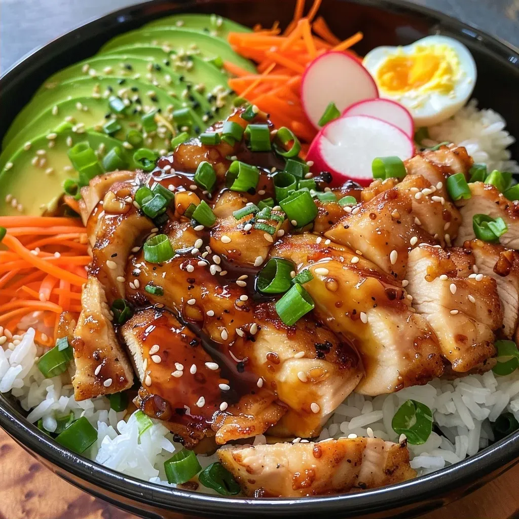 ['A close-up view of a Teriyaki Chicken Rice Bowl with garnishes.', 'Side view of a juicy Teriyaki Chicken Rice Bowl topped with sesame seeds and green onions.', 'Detailed image of a Teriyaki Chicken Rice Bowl featuring chicken, rice, and vegetables.', 'Close-up of a rice bowl filled with teriyaki chicken, rice, and colorful veggies.']