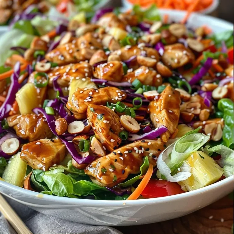 ['Close-up view of a colorful Teriyaki Chicken Salad with fresh vegetables and grilled chicken.', 'Side view of a vibrant salad featuring teriyaki chicken, chopped romaine, and various sliced vegetables.', 'Juicy Teriyaki Chicken Salad served in a bowl, showcasing a mix of greens and colorful toppings.', 'Detailed image of a Teriyaki Chicken Salad highlighting its fresh ingredients and savory chicken pieces.']