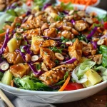 ['Close-up view of a vibrant Teriyaki Chicken Salad featuring colorful vegetables and grilled chicken.', 'Juicy Teriyaki Chicken Salad arranged with fresh ingredients like leafy greens and pineapple chunks.', 'Side view of Teriyaki Chicken Salad showing layers of chopped romaine, sliced bell peppers, and macadamia nuts.', 'Detailed close-up of a delicious Teriyaki Chicken Salad with toppings like toasted coconut and wonton strips.']
