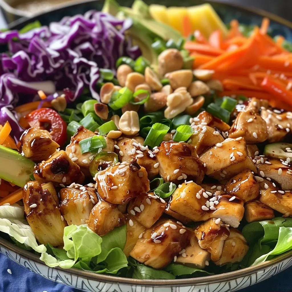 ['Close-up view of a colorful Teriyaki Chicken Salad with fresh vegetables and grilled chicken.', 'Side view of a vibrant salad featuring teriyaki chicken, chopped romaine, and various sliced vegetables.', 'Juicy Teriyaki Chicken Salad served in a bowl, showcasing a mix of greens and colorful toppings.', 'Detailed image of a Teriyaki Chicken Salad highlighting its fresh ingredients and savory chicken pieces.']