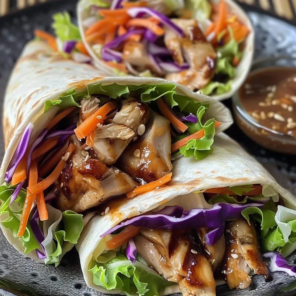 ['Close-up view of a juicy Teriyaki Chicken Wrap filled with colorful vegetables.', 'Side view of a delicious Teriyaki Chicken Wrap showcasing vibrant ingredients.', 'Juicy chicken and fresh veggies wrapped in a tortilla, highlighting a Teriyaki dish.', 'Close-up of a Teriyaki Chicken Wrap, emphasizing its juicy filling and fresh garnishes.']