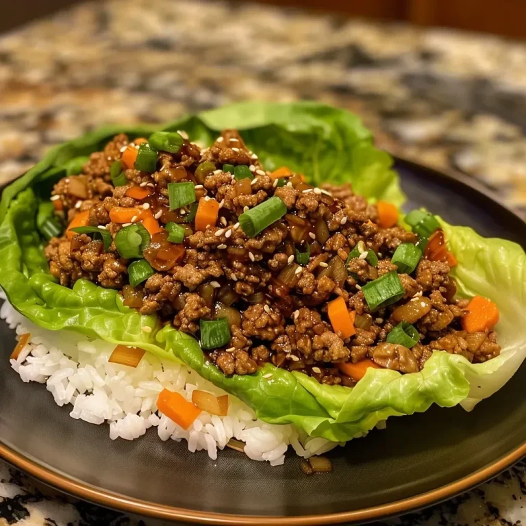 ['Close-up view of Teriyaki Ground Beef Lettuce Wraps on a plate, showcasing vibrant colors and textures.', 'Juicy Teriyaki Ground Beef wrapped in fresh butter lettuce leaves, garnished with green onions.', 'Side view of a delicious lettuce wrap filled with teriyaki ground beef and stir-fry vegetables.', 'A plate of Teriyaki Ground Beef Lettuce Wraps with visible ingredients, presented in a vibrant setting.']