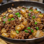 ['Close-up view of a delicious Teriyaki Ground Beef Skillet with colorful ingredients.', 'Juicy ground beef dish with teriyaki sauce, pineapples, and green onions in a skillet.', 'Side view of a Teriyaki Ground Beef Skillet showcasing tender beef and vibrant toppings.', 'Scrumptious skillet meal featuring ground beef, water chestnuts, and sesame seeds.']