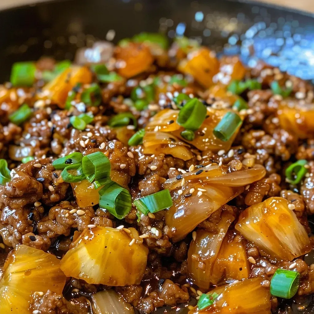 ['Close-up view of a delicious Teriyaki Ground Beef Skillet with colorful ingredients.', 'Juicy ground beef dish with teriyaki sauce, pineapples, and green onions in a skillet.', 'Side view of a Teriyaki Ground Beef Skillet showcasing tender beef and vibrant toppings.', 'Scrumptious skillet meal featuring ground beef, water chestnuts, and sesame seeds.']