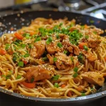 ['Close-up view of teriyaki honey garlic chicken pasta skillet with colorful vegetables.', 'Juicy teriyaki chicken mixed with spaghetti, broccoli, and carrots in a skillet.', 'Vibrant pasta dish featuring honey garlic chicken and mixed vegetables in a skillet.', 'Side view of a delicious chicken pasta dish topped with green onions and sesame seeds.']