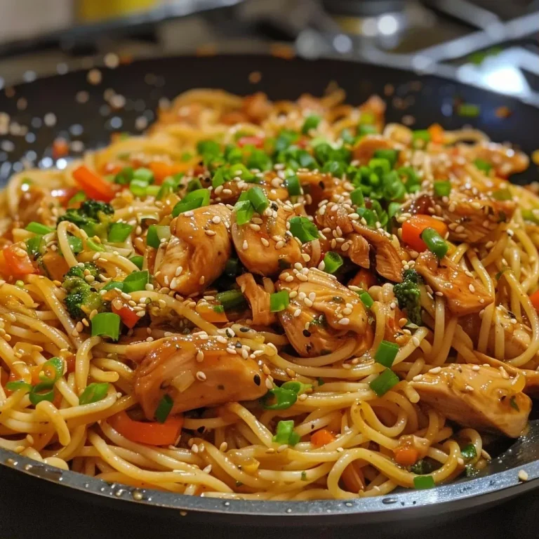 ['Close-up view of teriyaki honey garlic chicken pasta skillet with colorful vegetables.', 'Juicy teriyaki chicken mixed with spaghetti, broccoli, and carrots in a skillet.', 'Vibrant pasta dish featuring honey garlic chicken and mixed vegetables in a skillet.', 'Side view of a delicious chicken pasta dish topped with green onions and sesame seeds.']