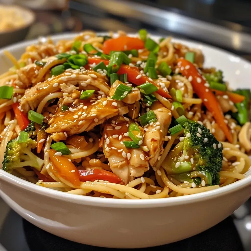 Close-up view of teriyaki honey garlic chicken pasta skillet with colorful vegetables.