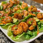 ['Close-up of Teriyaki shrimp lettuce wraps filled with shrimp, cucumbers, and carrots.', 'Juicy Teriyaki shrimp nestled in fresh butter lettuce leaves with sliced vegetables.', 'Side view of vibrant lettuce wraps showcasing shrimp and colorful veggies on a plate.', 'Delicious Teriyaki shrimp lettuce wraps with a variety of fresh ingredients, captured up close.']