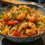 ['Close-up view of a bowl of Teriyaki Shrimp Noodles garnished with colorful bell peppers.', 'Side view of a serving of Teriyaki Shrimp Noodles with shrimp, noodles, and vegetables.', 'Delicious Teriyaki Shrimp Noodles in a bowl, topped with sesame seeds and fresh herbs.', 'A vibrant dish of Teriyaki Shrimp Noodles, highlighting shrimp, bell peppers, and glossy sauce.']