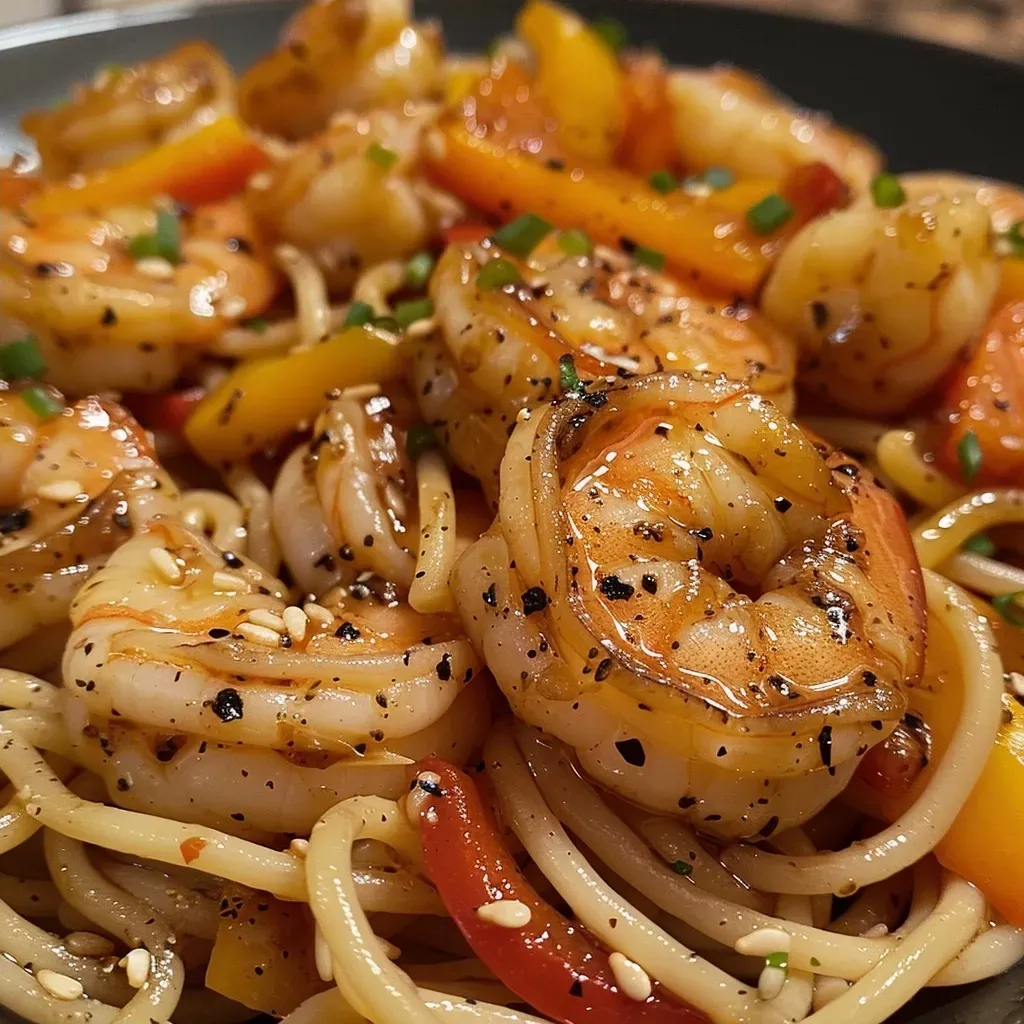 ['Close-up view of a bowl of Teriyaki Shrimp Noodles garnished with colorful bell peppers.', 'Side view of a serving of Teriyaki Shrimp Noodles with shrimp, noodles, and vegetables.', 'Delicious Teriyaki Shrimp Noodles in a bowl, topped with sesame seeds and fresh herbs.', 'A vibrant dish of Teriyaki Shrimp Noodles, highlighting shrimp, bell peppers, and glossy sauce.']