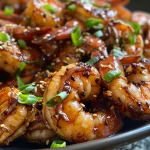 ['Close-up side view of juicy Teriyaki shrimp garnished with green onions and sesame seeds.', 'Succulent Teriyaki shrimp on a plate, glistening with sauce and topped with sesame seeds.', "Bowls of Teriyaki shrimp with a rich glaze and fresh green garnish, showcasing the dish's textures.", "Side view of a serving of Teriyaki shrimp, highlighting the shrimp's shine and colorful toppings."]