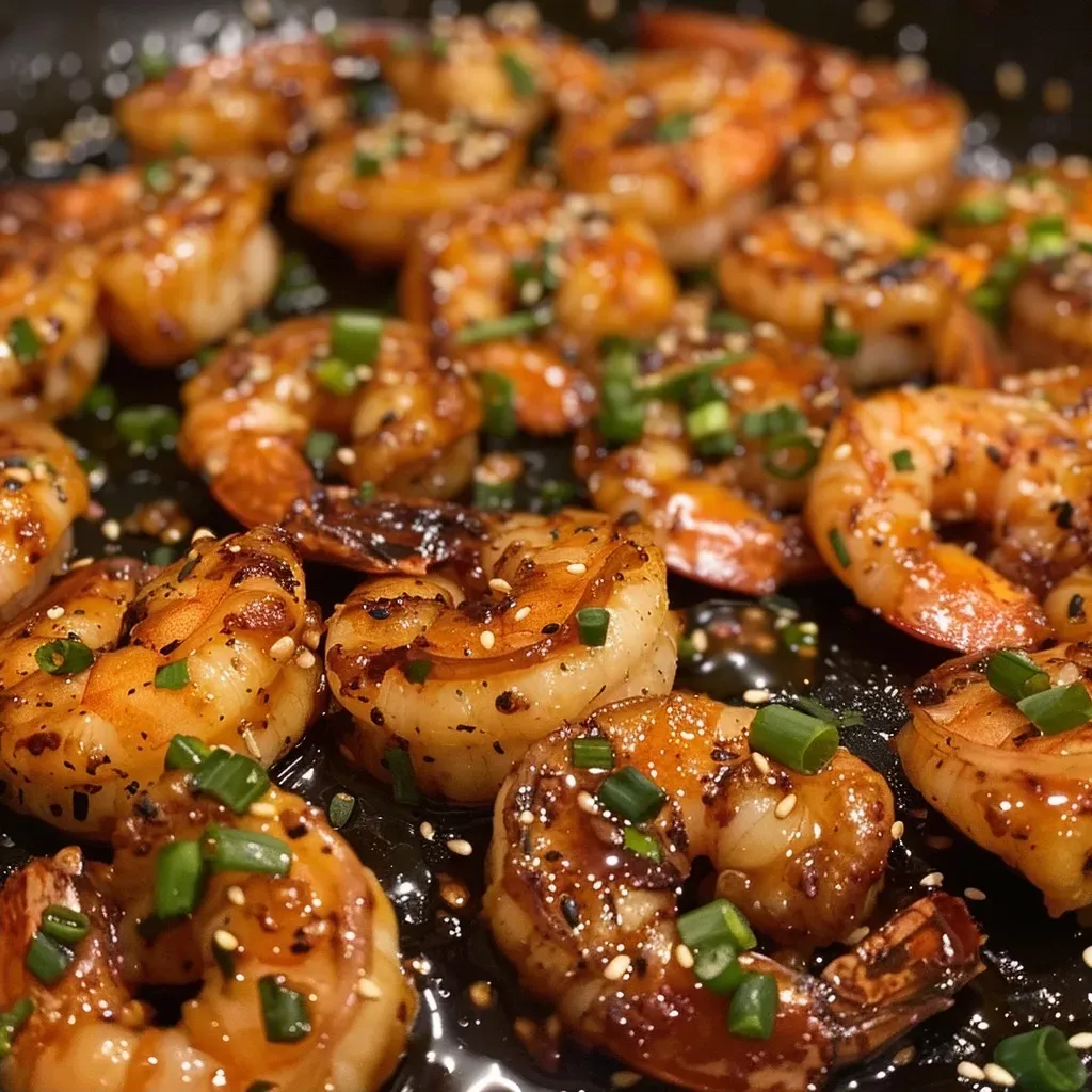Close-up side view of juicy Teriyaki shrimp garnished with green onions and sesame seeds.