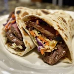 ['Close-up of juicy Teriyaki Steak Wraps with fresh ingredients.', 'Side view of Teriyaki Steak Wraps, showcasing tender beef and coleslaw.', 'Delicious Teriyaki Steak Wraps on a plate, highlighting warm tortillas.', 'Close-up of mouthwatering Teriyaki Steak Wraps with vibrant colors.']