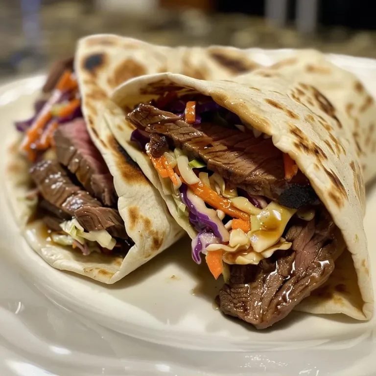 ['Close-up of juicy Teriyaki Steak Wraps with fresh ingredients.', 'Side view of Teriyaki Steak Wraps, showcasing tender beef and coleslaw.', 'Delicious Teriyaki Steak Wraps on a plate, highlighting warm tortillas.', 'Close-up of mouthwatering Teriyaki Steak Wraps with vibrant colors.']