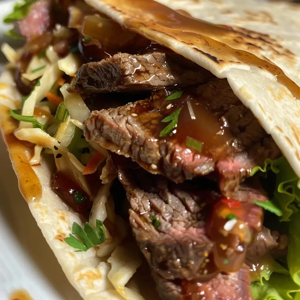 ['Close-up of juicy Teriyaki Steak Wraps with fresh ingredients.', 'Side view of Teriyaki Steak Wraps, showcasing tender beef and coleslaw.', 'Delicious Teriyaki Steak Wraps on a plate, highlighting warm tortillas.', 'Close-up of mouthwatering Teriyaki Steak Wraps with vibrant colors.']