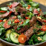 ['Close-up view of a vibrant Thai Beef Salad with colorful ingredients.', 'Juicy Thai Beef Salad featuring sliced beef and fresh vegetables.', 'Side view of a Thai Beef Salad showcasing an array of toppings and greens.', 'Detailed shot of a Thai Beef Salad with cucumbers, tomatoes, and herbs.']