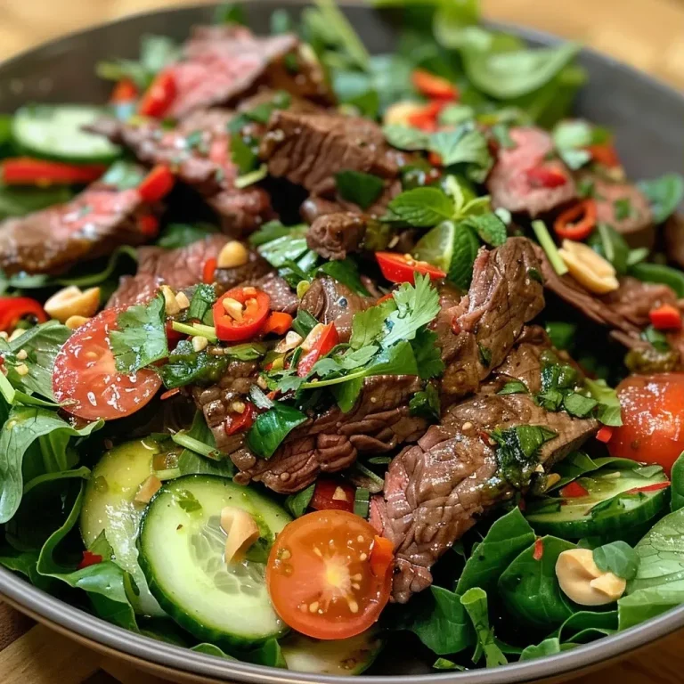 ['Close-up view of a vibrant Thai Beef Salad with colorful ingredients.', 'Juicy Thai Beef Salad featuring sliced beef and fresh vegetables.', 'Side view of a Thai Beef Salad showcasing an array of toppings and greens.', 'Detailed shot of a Thai Beef Salad with cucumbers, tomatoes, and herbs.']