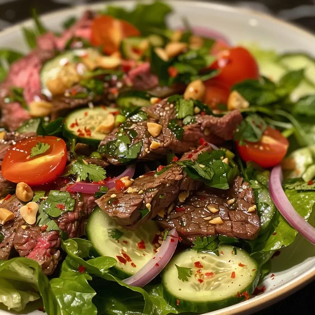 Close-up view of a vibrant Thai Beef Salad with colorful ingredients.