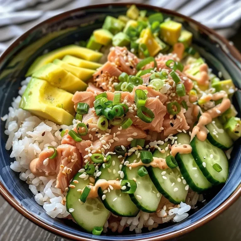 ['A close-up view of a Tuna Mayo Rice Bowl with colorful toppings.', 'Side angle photo of a Tuna Mayo Rice Bowl featuring rice, tuna, and fresh vegetables.', 'Juicy Tuna Mayo Rice Bowl garnished with sesame seeds and sliced avocado.', 'Detailed image of a Tuna Mayo Rice Bowl with cucumber and green onion.']