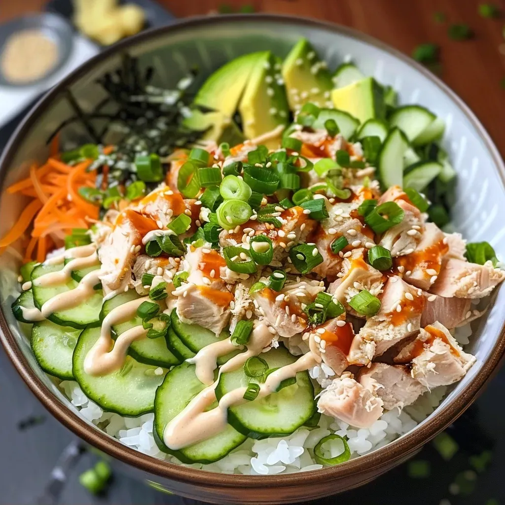 ['A close-up view of a Tuna Mayo Rice Bowl with colorful toppings.', 'Side angle photo of a Tuna Mayo Rice Bowl featuring rice, tuna, and fresh vegetables.', 'Juicy Tuna Mayo Rice Bowl garnished with sesame seeds and sliced avocado.', 'Detailed image of a Tuna Mayo Rice Bowl with cucumber and green onion.']