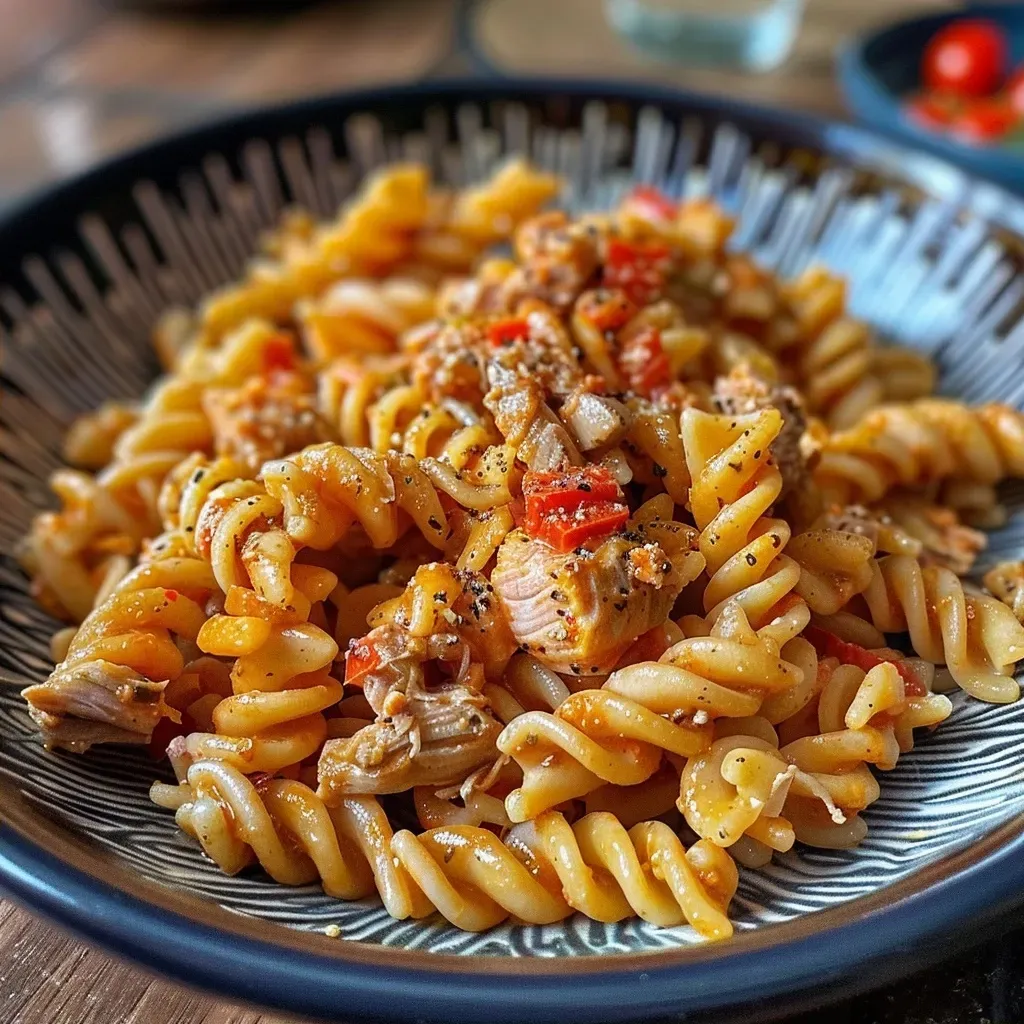 Close-up of a bowl of Tuna Pasta with colorful ingredients like red onion and bell pepper.