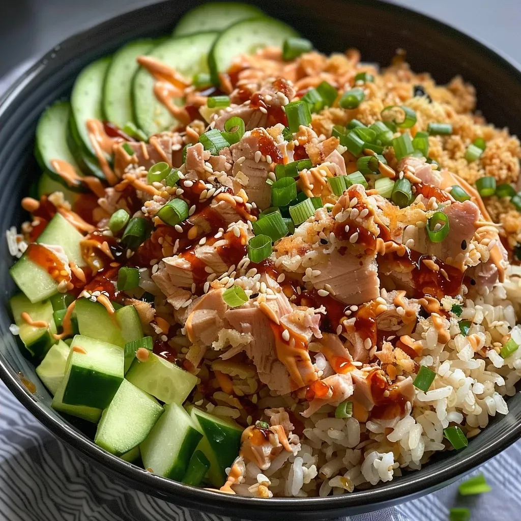 Close-up of a vibrant Tuna Rice Bowl with fresh vegetables and creamy sauce.