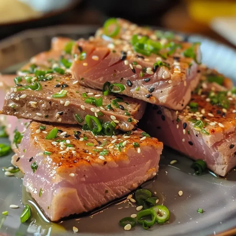 ['Juicy tuna steak on a white plate with a side view displaying its seared texture.', 'Close-up side view of a perfectly cooked tuna steak highlighting its pink center.', 'Detailed side shot of a grilled tuna steak showing its succulent surface and glistening juices.', 'Sliced tuna steak on a plate, showcasing the rich color and grilled edges.']