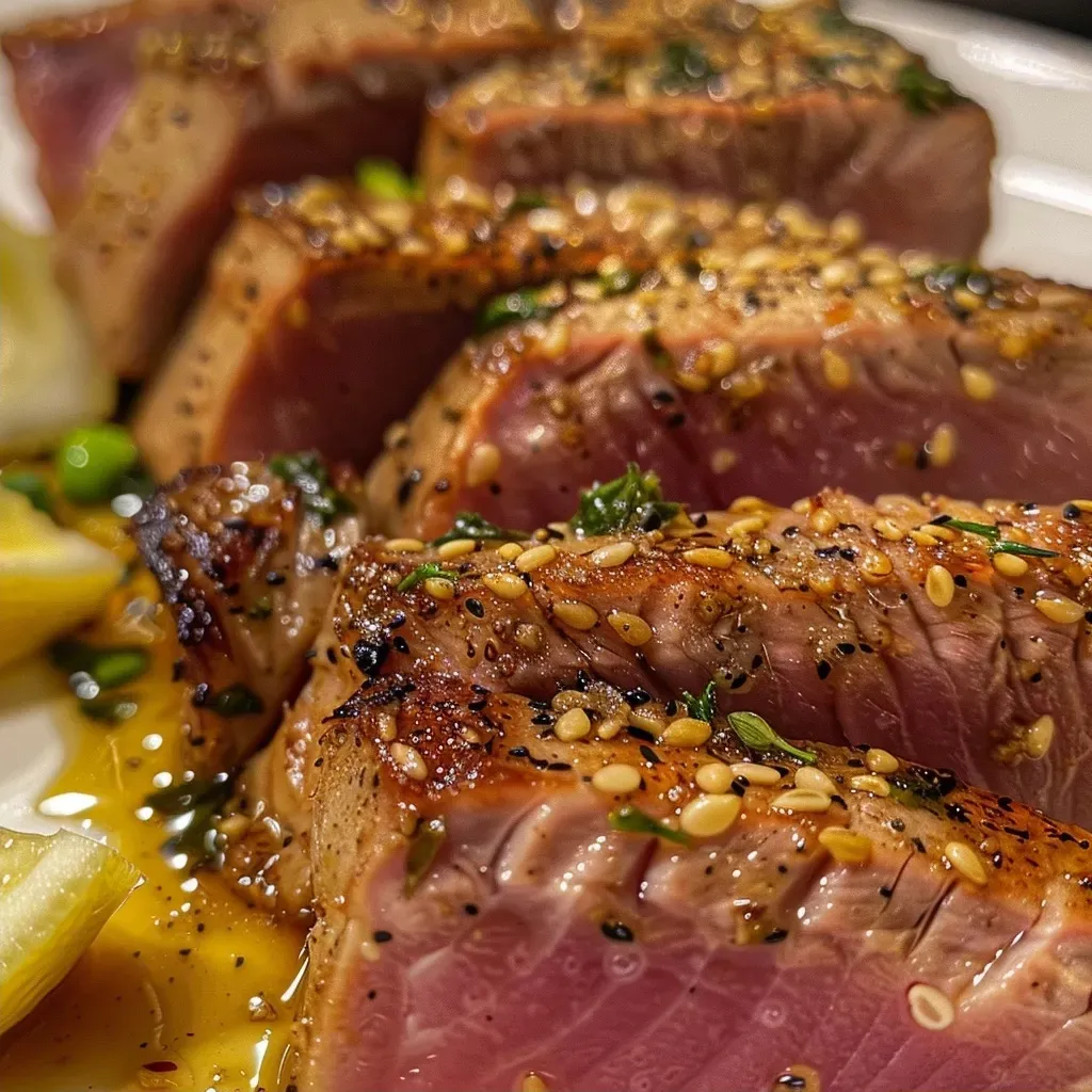 ['Juicy tuna steak on a white plate with a side view displaying its seared texture.', 'Close-up side view of a perfectly cooked tuna steak highlighting its pink center.', 'Detailed side shot of a grilled tuna steak showing its succulent surface and glistening juices.', 'Sliced tuna steak on a plate, showcasing the rich color and grilled edges.']
