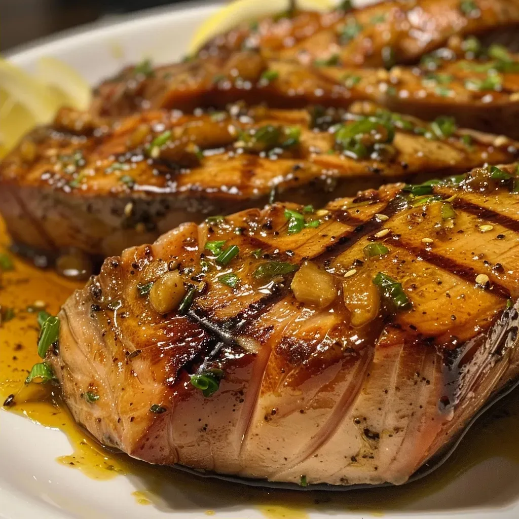['Juicy tuna steaks marinated in honey mustard, glistening with a golden glaze.', 'Close-up view of perfectly cooked tuna steaks with a honey mustard marinade on a plate.', 'Tender tuna steaks garnished with herbs, showcasing a rich honey mustard glaze.', 'Freshly grilled tuna steaks highlighted by a vibrant honey mustard marinade.']
