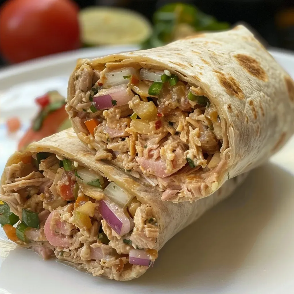 ['Close-up side view of a juicy tuna wrap with chipotle sauce, showcasing fresh ingredients.', 'Delicious tuna wrap drizzled with chipotle sauce, highlighting vibrant colors and textures.', 'Side view of a tasty tuna wrap filled with vegetables and chipotle sauce, captured in detail.', 'Juicy tuna wrap with chipotle sauce displayed on a plate, emphasizing fresh ingredients and textures.']