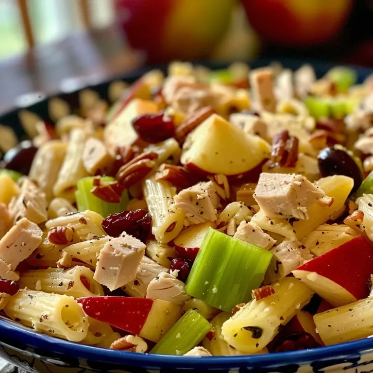 ['Close-up of a Turkey Apple Pasta Salad with colorful ingredients.', 'Side view of a vibrant Turkey Apple Pasta Salad featuring pasta and fresh apples.', 'A detailed view of Turkey Apple Pasta Salad showcasing its fresh components.', 'Juicy Turkey Apple Pasta Salad filled with pasta, turkey, apples, and vegetables.']